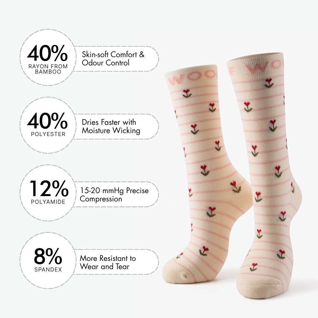 Studio shot of the Sweet Buds Bamboo Crew Compression Socks accompanied by a material breakdown panel detailing the fabric mix: 40% bamboo viscose (breath comfort & odor control), 40% nylon (easy care & moisture wicking), 12% polyester (12-15mmHg precise compression), and 8% elastane (wear resistant to heel and toe).
