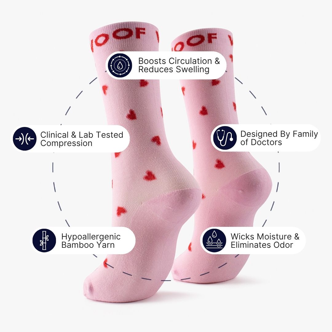 Infographic layout displaying the light pink Hearts Bamboo Crew Compression Socks surrounded by key feature callout icons, including boosts circulation & reduces swelling, clinically tested compression, hypoallergenic & odor free, designed by family of doctors, and moisture-wicking properties.  